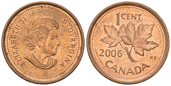 Канада 1 цент 2006 Елизавета II (1952-2022), кленовый лист KM 490 цинк плакированный медью UNC 4385-644