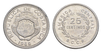 Коста-Рика 25 сентимо 1989 KM 188.3 алюминий UNC 4644-346