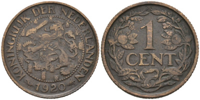 Нидерланды 1 цент 1920 Вильгельмина (1890-1948) KM 152 бронза 4576-728