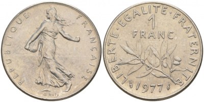 ФРАНЦИЯ 1 ФРАНК 1977 СЕЯТЕЛЬ KM 925.1, LE FRANC 226.22 никель UNC 186-347