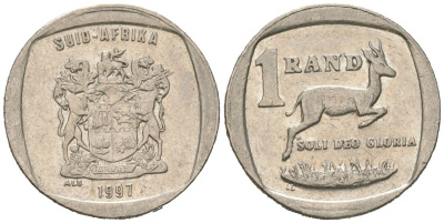 ЮАР 1 ранд 1997 KM 164 медь плакированная медно-никелем 4611-529