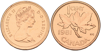 Канада 1 цент 1981 Елизавета II (1952-2022), кленовый лист KM 127 бронза    4147-269