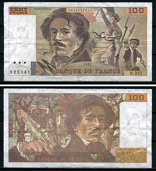 Франция 100 франков 1993 Джен Делакруа, signatures: Bruneel / Bonnardin / Vigier, блок 218 Pick 154g(1) бумага 8590-8-2-1