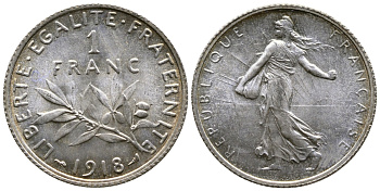 Франция 1 франк 1918 сеятель KM 844.1, Le Franc 217.24 серебро UNC 259-715
