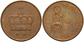 Норвегия 50 эре 1996 Харальд V (1991- ) KM 460 бронза 4154-822