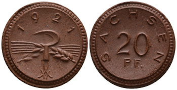 Саксония 20 пфеннигов 1921 колосья и серп J. N 53 фарфор UNC 1094-7-85