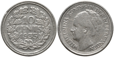 Нидерланды 10 центов 1935 Вильгельмина I (1890-1948) КМ 163 серебро 4387-845