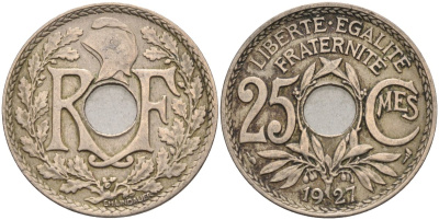 Франция 25 сантимов 1927 тип Lindauer KM 867а, Le Franc 171.11 медно-никель 4584-431