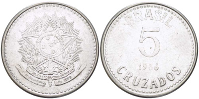 Бразилия 5 крузадо 1986 реформа (1986-1989) KM 606 нержавеющая сталь 24-912