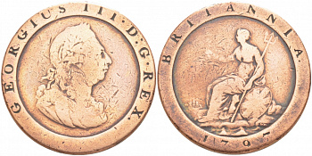 Великобритания 1 пенни 1797 Георг III (1760-1820) KM 618, Spink 3777 медь 107-214