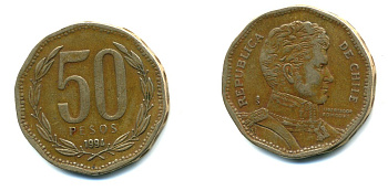 Чили 50 песо 1994 Бернардо О’Хиггинс KM 219.2 алюминиевая бронза 36-345