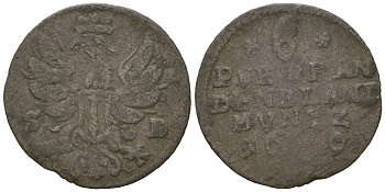 Бранденбург-Пруссия 6 пфеннигов 1690 SD, Фридрих III (1688-1701) Schrootter 638 медь    4623-325