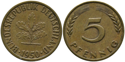 ФРГ 5 ПФЕННИГОВ 1950 J KM 107, J. 382 сталь плакированная латунью 33-157