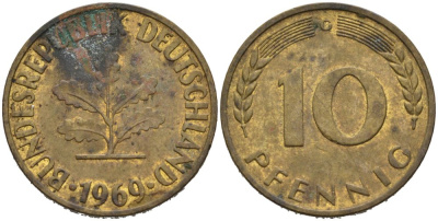 ФРГ 10 ПФЕННИГОВ 1969 G KM 103, J. 378 сталь плакированная латунью 98-525