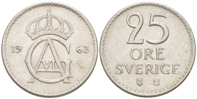 Швеция 25 эре 1963 U, Густав VI Адольф (1950-1973) KM 836 медно-никель 4516-459