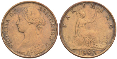 Великобритания 1 фартинг 1860 Виктория (1837-1901), зубчатая кайма KM 747.2, Spink 3958 бронза 4543-833