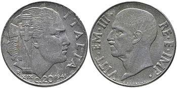 ИТАЛИЯ 20 ЧЕНТЕЗИМО 1941 R, ВИКТОР ИМАНУИЛ, XXII ГОД, МАГНИТНАЯ KM 75b нержавеющая сталь 86-1211