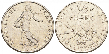 ФРАНЦИЯ 1/2 ФРАНКА 1978 СЕЯТЕЛЬ KM 931.1, LE FRANC 198.17 никель 187-127