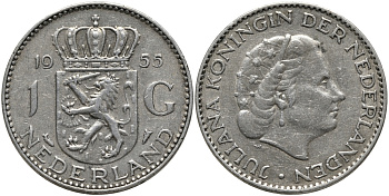 Нидерланды 1 гульден 1955 Юлиана (1948-1980) KM 184 серебро 413-3545