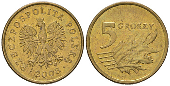 Польша 5 грошей 2008 KM 278 латунь aUNC 4547-735