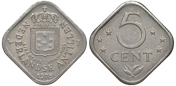 Нидерландские Антилы 5 центов 1978 Юлиана (1948-1980) KM 13 медно-никель 4610-835