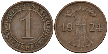 Германия 1 рейхспфенниг 1924 J KM 37, J. 313 бронза 4516-351