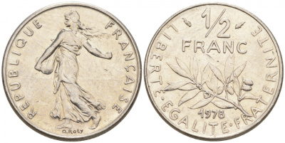 ФРАНЦИЯ 1/2 ФРАНКА 1978 СЕЯТЕЛЬ KM 931.1, LE FRANC 198.17 никель 187-127