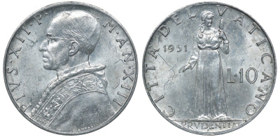 ВАТИКАН 10 ЛИР 1951 ГОД VIII, ПАПА ПИЙ XII KM 52.1 алюминий 72-742
