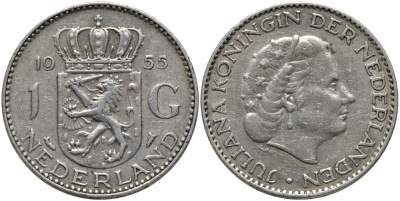 Нидерланды 1 гульден 1955 Юлиана (1948-1980) KM 184 серебро 413-3545