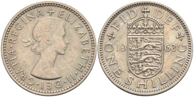Великобритания 1 шиллинг 1963 Елизавета II (1952-2022), Английский герб KM 904, Spink 4147 медно-никель 4116-843