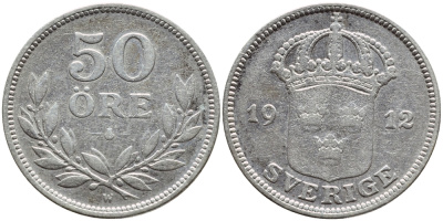 Швеция 50 эре 1912 W, Густав V (1907-1950) KM 788 серебро 1523-345