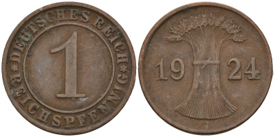 Германия 1 рейхспфенниг 1924 J KM 37, J. 313 бронза 4516-351