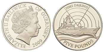 Гернси 5 фунтов 2009 Британские военные корабли - HMS Daring KM 219 медно-никель PROOF 5010-1713