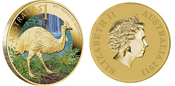 Австралия 1 доллар 2011 серия всемирное наследие, влажные тропики Квинсленда, казуар, цветная эмаль KM 1612 алюминиевая бронза UNC M40-21