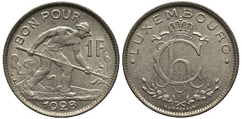 ЛЮКСЕМБУРГ 1 ФРАНК 1928 СТАЛЕВАР, ДИАМЕТР 22,8 ММ., ВЕЛИКАЯ ГЕРЦОГИНЯ ШАРЛОТТА (1919-1964) KM 35 никель 4538-913