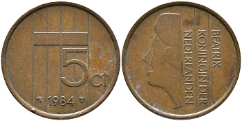 НИДЕРЛАНДЫ 5 ЦЕНТОВ 1984 БЕАТРИКС KM 202 бронза 65-1244