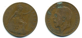 Великобритания 1 пенни 1921 Георг V (1910-1936) KM 810, Spink 4051 бронза 41-531