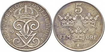 Швеция 5 эре 1944 Густав V (1907-1950) KM 812 железо 175-1025