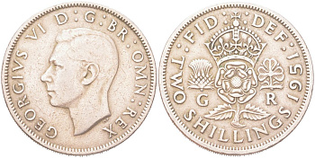 Великобритания 2 шиллинга 1951 Георг VI (1936-1952) KM 878, Spink 4107 медно-никель 4128-743