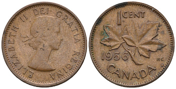 Канада 1 цент 1956 Елизавета II (1952-2022), кленовый лист KM 49 бронза 4609-115