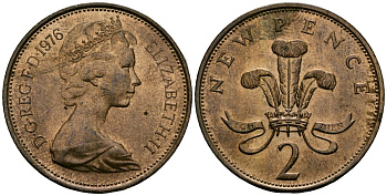 Великобритания 2 пенса 1976 Елизавета II (1952-2022) KM 916, Spink 4235 (C1) бронза 4384-353