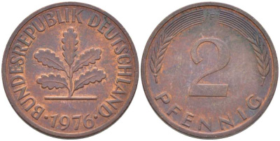 ФРГ 2 ПФЕННИГА 1976 F KM 106a, J. 381a сталь плакированная сталь плакированная медьюю 116-333