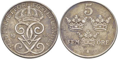 Швеция 5 эре 1944 Густав V (1907-1950) KM 812 железо 175-1025