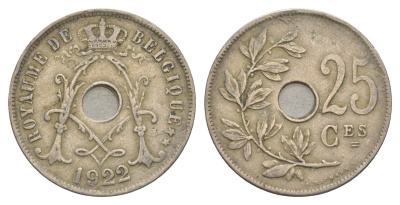 Бельгия 25 сантимов 1922 Belgique KM 68.1 медно-никель 4629-955