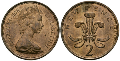 Великобритания 2 пенса 1976 Елизавета II (1952-2022) KM 916, Spink 4235 (C1) бронза 4384-353