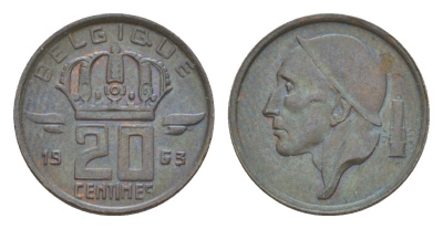 Бельгия 20 сантимов 1963 Belgique, Бодуэн I (1951-1993) KM 146 бронза 4639-717