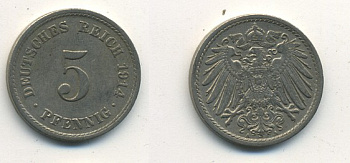 ГЕРМАНИЯ 5 ПФЕННИГОВ 1914 A, KM 11, J. 12 медно-никель 54-645