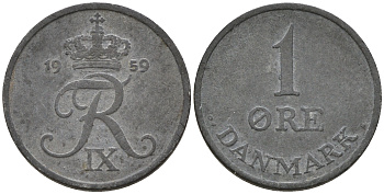 Дания 1 эре 1959 C.S, Фредерик IX (1947-1972) KM 839.2 цинк    4596-315