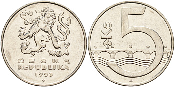 Чехия 5 крон 1993 чешский лев, Карлов мост KM 8 сталь плакированная никелем    4143-314