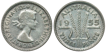 Австралия 3 пенса 1955 m, Елизавета II (1952-2022) KM 57 серебро 71-423